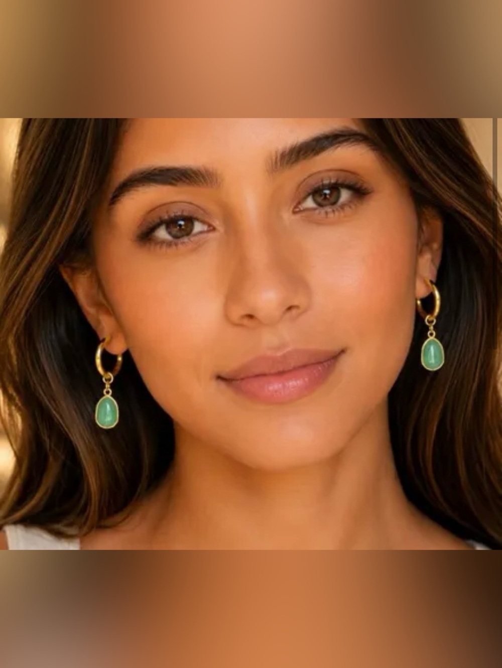 Gold Hoop Earrings with Green Teardrop Pendant